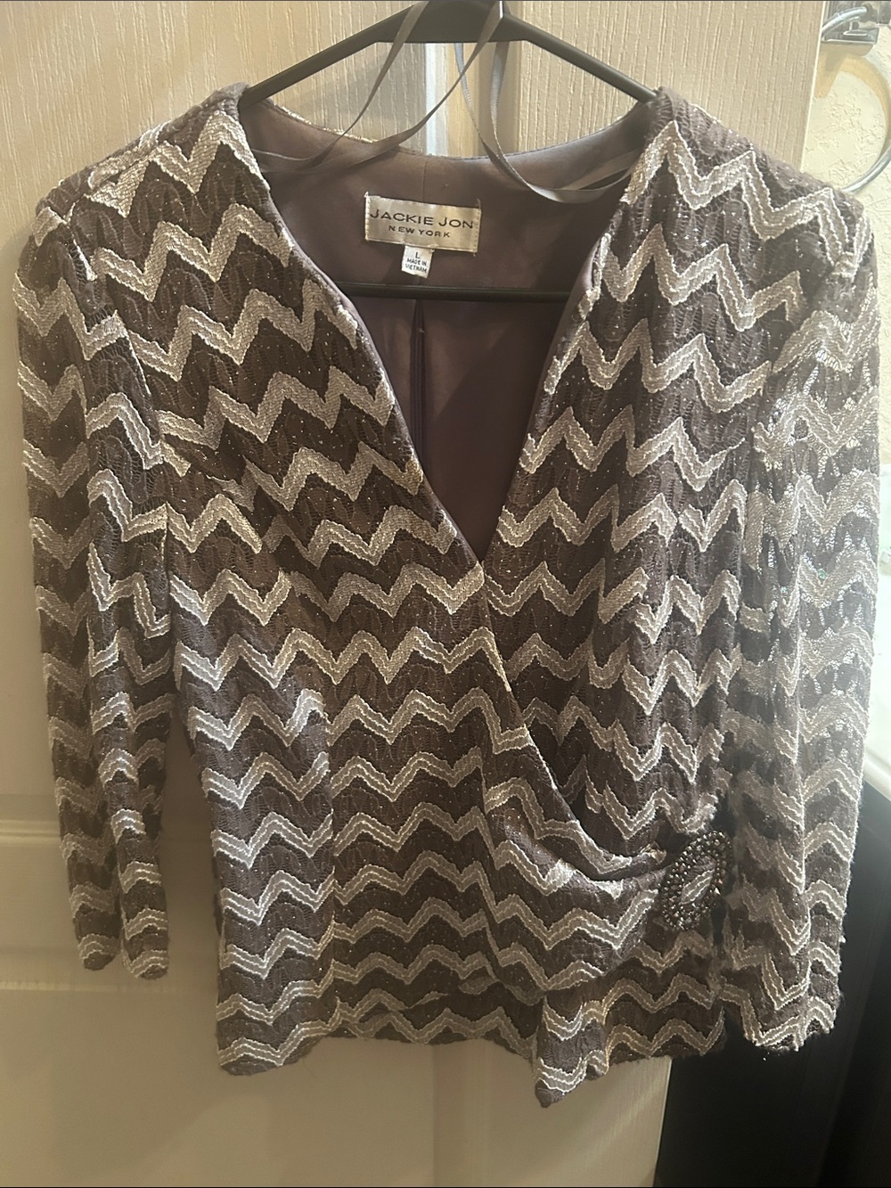 Jackie Jon Grey& Silver Chevron Wrap Top